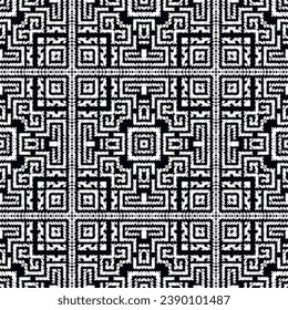 Zigzag lines and hatches geometric tribal ethnic greek style black and white seamless pattern. Textured ornamental zig zag lines vector background. Greek key meander grunge hatched grid ornaments.