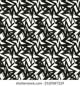 Líneas en zigzag. Rayas irregulares. Diseño de patrón de superficie sin fisuras con adorno de ondas triangulares. Fondo de pantalla de chevrones repetidos. Papel digital para rellenos de páginas, diseño de Web, impresión textil. Arte vectorial.