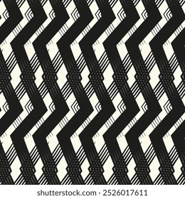 Zigzag lines. Jagged stripes. Seamless surface pattern design with triangular waves ornament. Repeated chevrons wallpaper. Digital paper for page fills, web designing, textile print. Vector art.