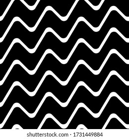 Zigzag lines seamless pattern. Angled jagged stripes ornament. Linear waves motif. Diagonal curves print. Striped background. Tilted broken line shapes wallpaper. Slanted wavy stripe figures. Vector.