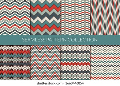Zigzag lines seamless pattern collection. Classic geometric design background set. Zig zag, chevron surface print kit. Geo wallpaper vector bundle. All ornaments were added in swatches palette