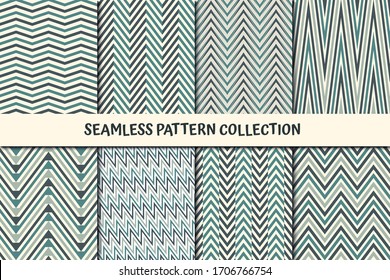 Zigzag lines seamless pattern collection. Classic geometric design background set. Zig zag, chevron, herringbone print kit. Geo wallpaper vector bundle. All ornaments were added in swatches palette