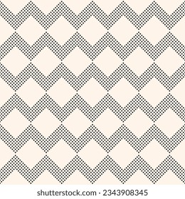 Zigzag lines seamless pattern. Vector geometric chevron texture. Simple monochrome stripes made from small dots, squares. Black and white abstract striped zig zag background. Modern minimal geo design