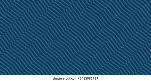 Zigzag-Linien nahtloses Muster. Vektorschmuck mit dünnem Diagonalzack, Streifen, Chevron. Blaue Jeans-Textur. Abstrakter minimalistischer geometrischer Hintergrund. Einfaches minimales und wiederholtes Dekordesign