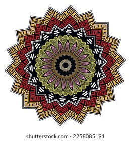 Zigzag mandala. Colorful floral zig zag mandala pattern. Ethnic style greek beautiful ornaments. Colorful abstract flower on white background. Modern decorative ornate design. For prints, fabric, card
