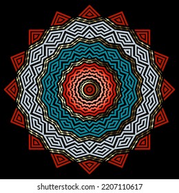 Zigzag mandala. Ethnic traditional beautiful mandala pattern. Ornamental trendy vector background. Abstract tribal colorful zig zag mandala. Modern ornament with gold lines. Ornate patterned backdrop.