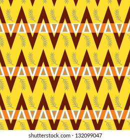 Zigzag ornament seamless pattern with branch on yellow background