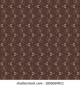 Zigzag pattern, among tiny spots, consisting of slashes and some abstract signs. Simple geometric motif in brown and light green.