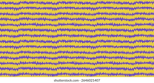 Zigzag pattern seamless background in yellow and purple. Hand drawn brush lines form playful zigzag texture, ideal for fabric, packaging, wallpaper, or bold graphic print. Drag to swatches panel.