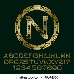 Zigzag patterned gold letters and numbers with n initial monogram. Beautiful font for logo design. Isolated english alphabet, figures.