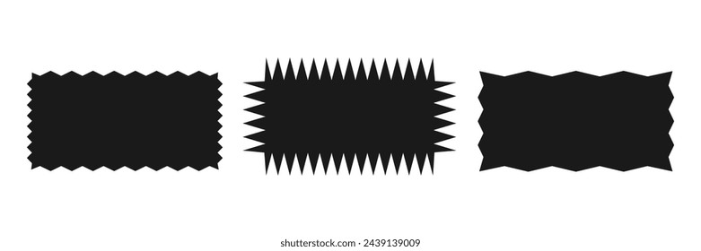 Zigzag rectangular shape.A set of uneven zigzag rectangular shapes. Black color. Isolated elements for design of text box, button, badge, banner, tag, sticker, badge. Vector illustration.