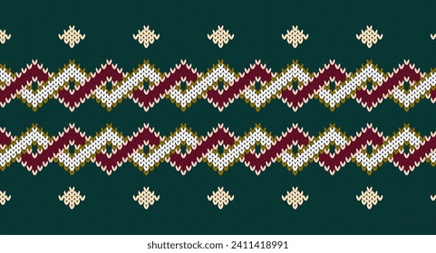 Zigzag retro on green knitted pattern, Festive Sweater Design. Seamless Knitted Pattern