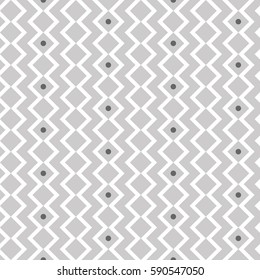 Zigzag rhombus lines seamless pattern grey and white with dark rounds for textile and home decoration. Perfect for web industry and high technologies. Vector illustration.