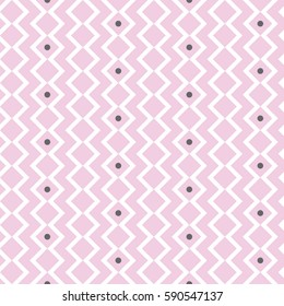 Zigzag rhombus lines seamless pattern sweet pink and white with dark rounds for textile and home decoration. Perfect for web industry and high technologies. Vector illustration.