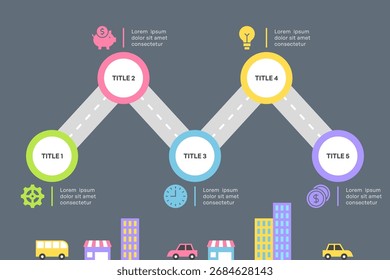 Zigzag Roadmap Infographic with Five Steps and Cityscape Vector Illustration