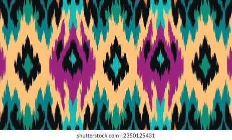 zigzag seamless ikat, in the style of vivid color scheme, fauvist color scheme, bright and bold color palette, eastern-inspired motifs, rug, neon color palette, light yellow and dark purple