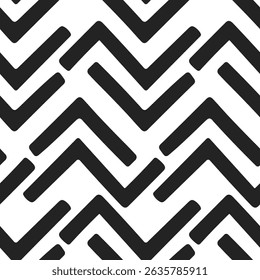 Motif harmonieux en zigzag de traits noirs dessinés à la main en gras sur fond blanc. Illustration de coups de pinceau irréguliers et expressifs. Texture d'impression de traits gras peints grossiers.