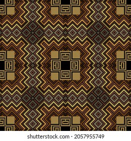 Patrón sin fisuras Zigzag. Fondo vectorial colorido Chevron. Repetir el fondo de las líneas de zag zig. Ornamentos geométricos de estilo tribal étnico griego. Sintetización sin fin de zigzag a rayas. Llave griega, meandros, cuadrados.