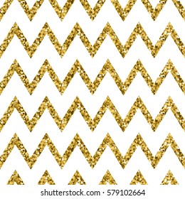 Zigzag seamless pattern. Gold glitter and white template. Abstract geometric texture. Golden zig zag. Retro Vintage decoration. Design template for wallpaper, wrapping, fabric etc. Vector Illustration