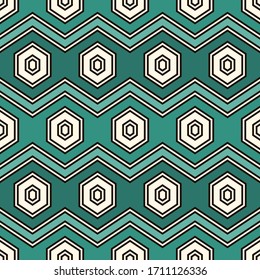Zigzag seamless pattern. Hexagon mosaic tiles ornament. Ethnic surface print. Repeated geometric figures background. Ornamental wallpaper. Modern geo design digital paper. Vector abstract art
