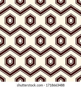 Zigzag nahtloses Muster. Zierfliesen aus Hexagon-Mosaik. Ethnischer Oberflächendruck. Wiederholter geometrischer Hintergrund. Ziertapete. Modernes geo-design digitales Papier. Abstrakte Vektorkunst