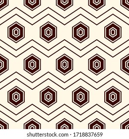 Patrón sin fisuras Zigzag. Baldosas de mosaico hexagonales adornadas. Impresión de superficie étnica. Fondo de figuras geométricas repetidas. Papel pintado ornamental. Papel digital de diseño geo moderno. Arte abstracto vectorial