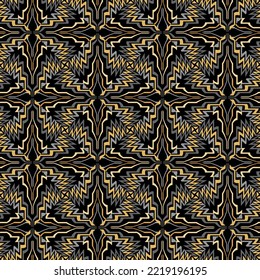 Zigzag seamless pattern. Zig zag patterned elegant vector background. Repeat traditional tribal ethnic style zigzag ornaments. Colorful modern chevron design on black background. Endless texture.