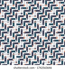 Zigzag seamless vector pattern with colourful Polka Dots. Elegant regular vibrant geometric pattern with tiled circles and rectangles on white background. Great for fashion, interior design, wallpaper