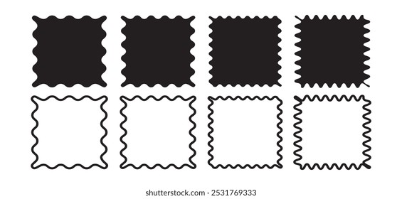  Conjunto de formas geométricas onduladas e em ziguezague. Retângulo vetorial, Conjunto de formas retangulares para; quadros, faixa, borda, caixa, adesivo, com redimensionamento ondulado irregular e bordas em ziguezague. 