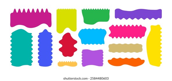 Zigzag shape sticker, wavy edge stamp, frame corrugated, wave box, curvy badge, colorful label isolated on white background. Geometric vector illustration