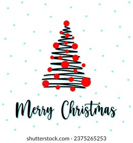 Zigzag Shaped Christmas tree greeting card with Merry Christmas lettering. Outline linear zigzag xmas tree with red garland and snowfall. Zigzag thin line Christmas tree in minimalist style Zigzag.
