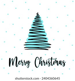 Zigzag moldeó tarjeta de felicitación de árbol de Navidad con letras de Feliz Navidad. Contorno árbol de navidad de zigzag lineal con blob azul, spot. Zigzag delgada línea árbol de Navidad de estilo minimalista. Zigzag lindo sprue