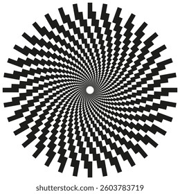 Zigzag spiral pattern. Circular dynamic shape. Radiating zigzag symbol. Vector graphic.
