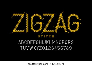 Zigzag Stitch Style Font Design, Embroidery Alphabet, Letters And Numbers Vector Illustration