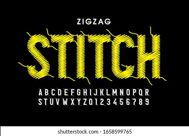 Zigzag Stitch Style Font Design, Alphabet Letters And Numbers Vector Illustration