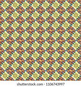 Zigzag and stripe line, rhombus and tiles. For textile, wallpaper, wrapping paper. Ethnic theme. Vector tribal design in orange, yellow and blue colors. Hand drawn seamless pattern.