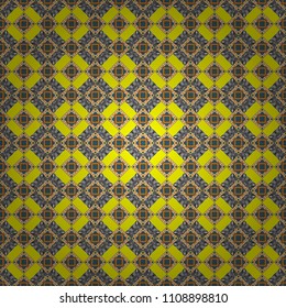 Zigzag and stripe line, rhombus and tiles. Vector tribal design in orange, yellow and gray colors. For textile, wallpaper, wrapping paper. Ethnic theme. Hand drawn seamless pattern.