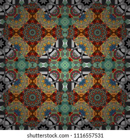 Zigzag and stripe line, rhombus and tiles. For textile, wallpaper, wrapping paper. Ethnic theme. Raster tribal design in gray, black and white colors. Hand drawn seamless pattern.