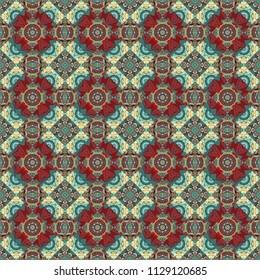 Zigzag and stripe line, rhombus and tiles. Ethnic theme. Hand drawn seamless pattern. Vector tribal design in red, brown and blue colors. For textile, wallpaper, wrapping paper.