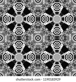 Zigzag and stripe line, rhombus and tiles. Ethnic theme. Vector tribal design in white, gray and black colors. For textile, wallpaper, wrapping paper. Hand drawn seamless pattern.