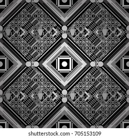 Zigzag and stripe line, rhombus and tiles. Hand drawn seamless pattern. Vector tribal design in gray colors. Ethnic theme. For textile, wallpaper, wrapping paper.
