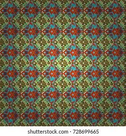 Zigzag and stripe line, rhombus and tiles. Ethnic theme. Hand drawn seamless pattern. Vector tribal design in blue, red and green colors. For textile, wallpaper, wrapping paper.
