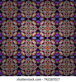 Zigzag and stripe line, rhombus and tiles. For textile, wallpaper, wrapping paper. Vector tribal design in red, blue and black colors. Hand drawn seamless pattern. Ethnic theme.
