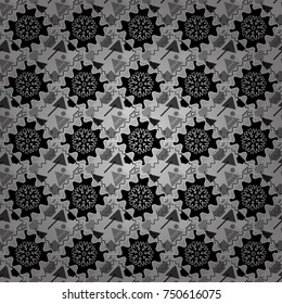 Zigzag and stripe line, rhombus and tiles. Ethnic theme. Hand drawn seamless pattern. Vector tribal design in gray, black and white colors. For textile, wallpaper, wrapping paper.