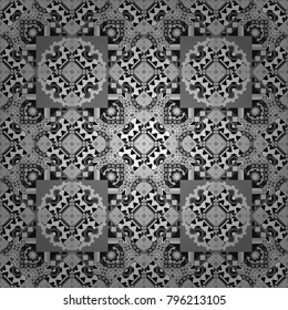 Zigzag and stripe line, rhombus and tiles. For textile, wallpaper, wrapping paper. Vector tribal design in black, white and gray colors. Hand drawn seamless pattern. Ethnic theme.
