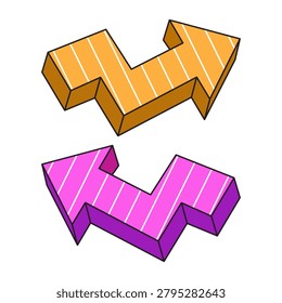 Zig-zag striped orange and pink 3D arrows illustrating erratic or complex paths, ideal for representing fluctuating data, unpredictable changes, or complicated movement.