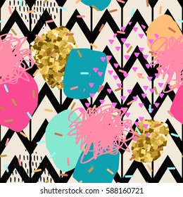 Zigzag striped seamless pattern with colorful stain and gold glitter texture. Hand drawn illustration, hipster background
