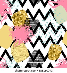 Zigzag striped seamless pattern with colorful stain and gold glitter texture. Hand drawn illustration, hipster background