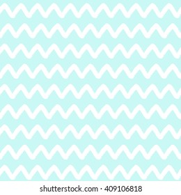 Zigzag stripes or waves vector seamless pattern. Brush drawn - uneven, rough edges. Wavy streaks texture. White textured bars on blue background.