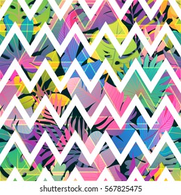 Zigzag strips on colorful tropic seamless vector pattern. Abstract trendy background. Print for fabric, wallpaper, invitation and wrapping design.